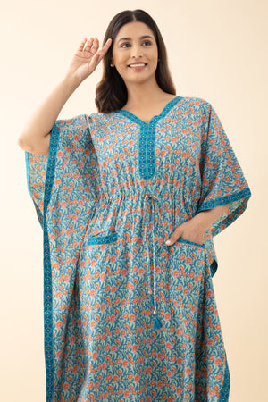 Floral Printed Kaftan with Waist tie-up - Blue