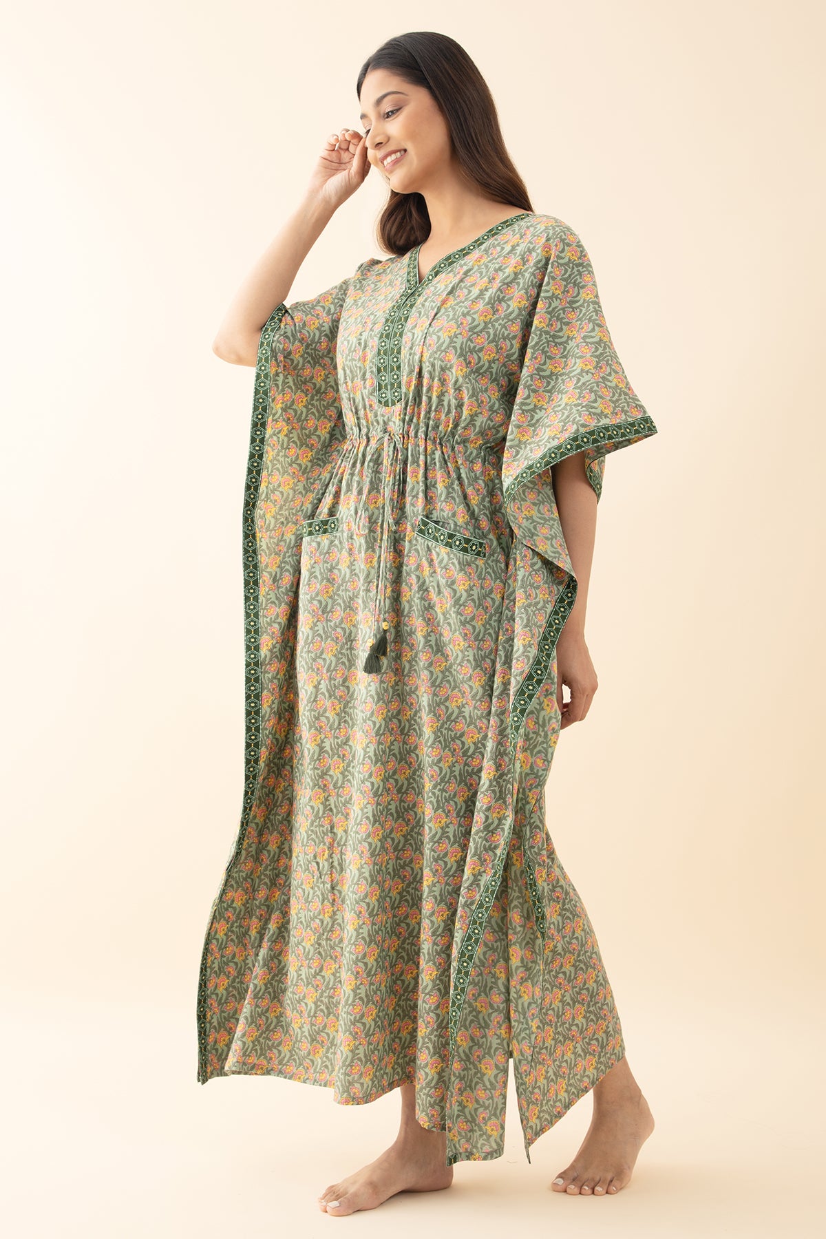Floral Printed Kaftan with Waist tie-up - Green