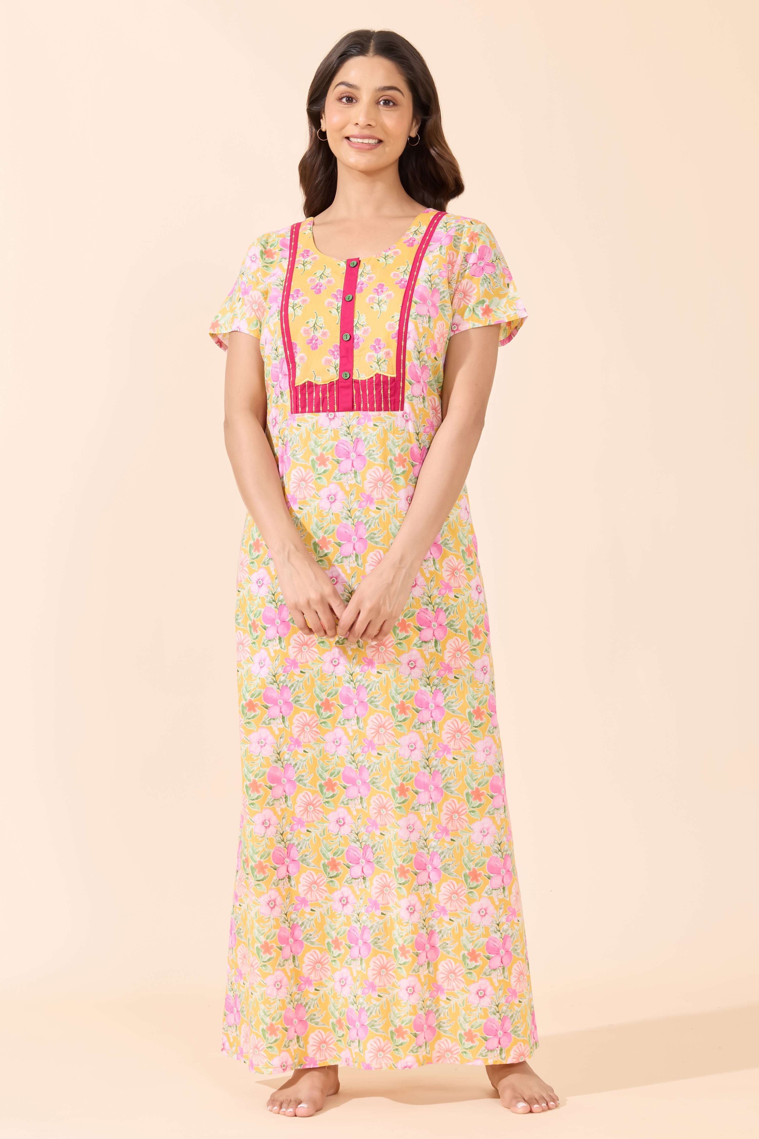 Mustard Pastel Floral Cotton Nighty with Patchwork Yoke