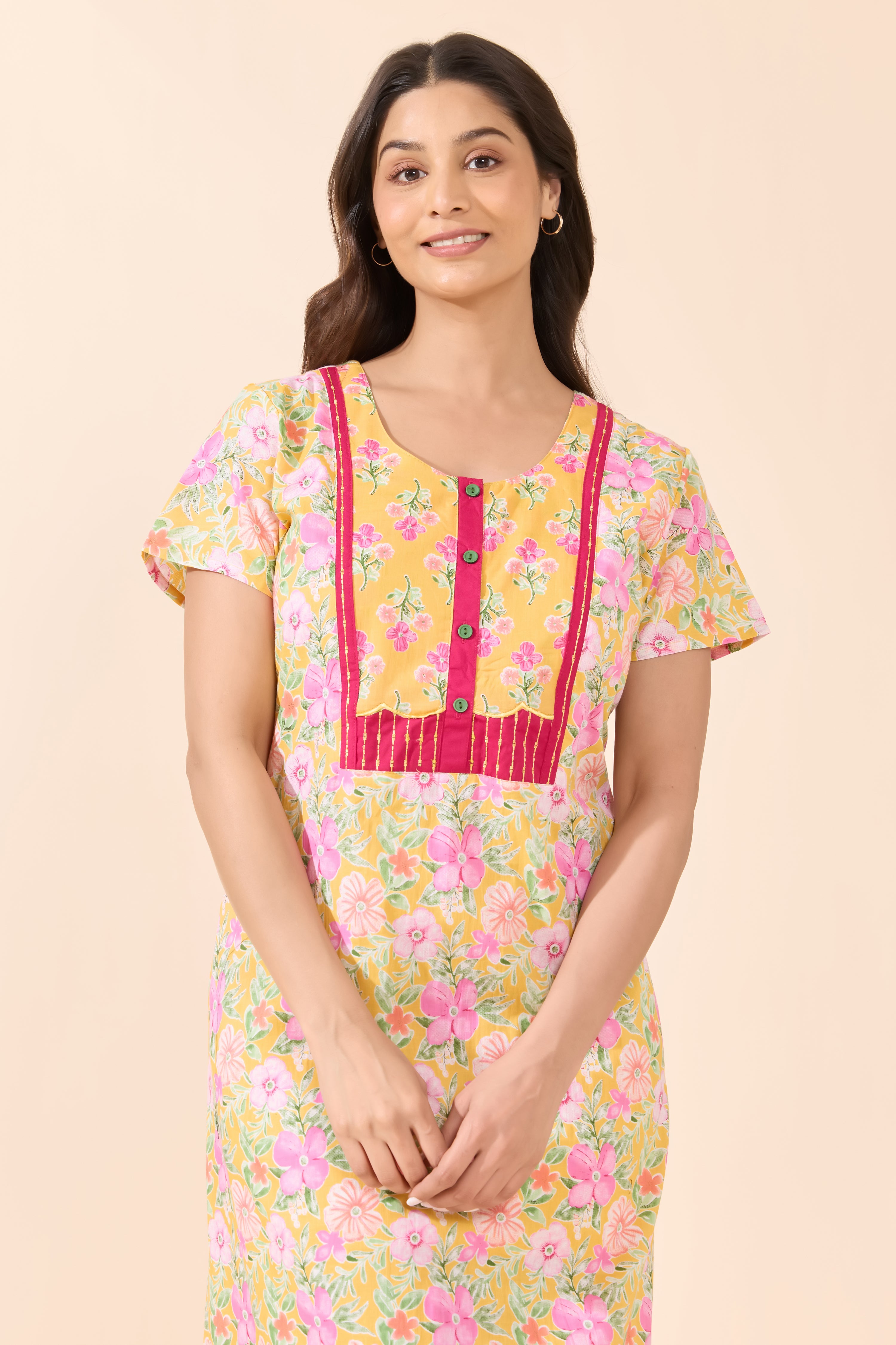 Mustard Pastel Floral Cotton Nighty with Patchwork Yoke
