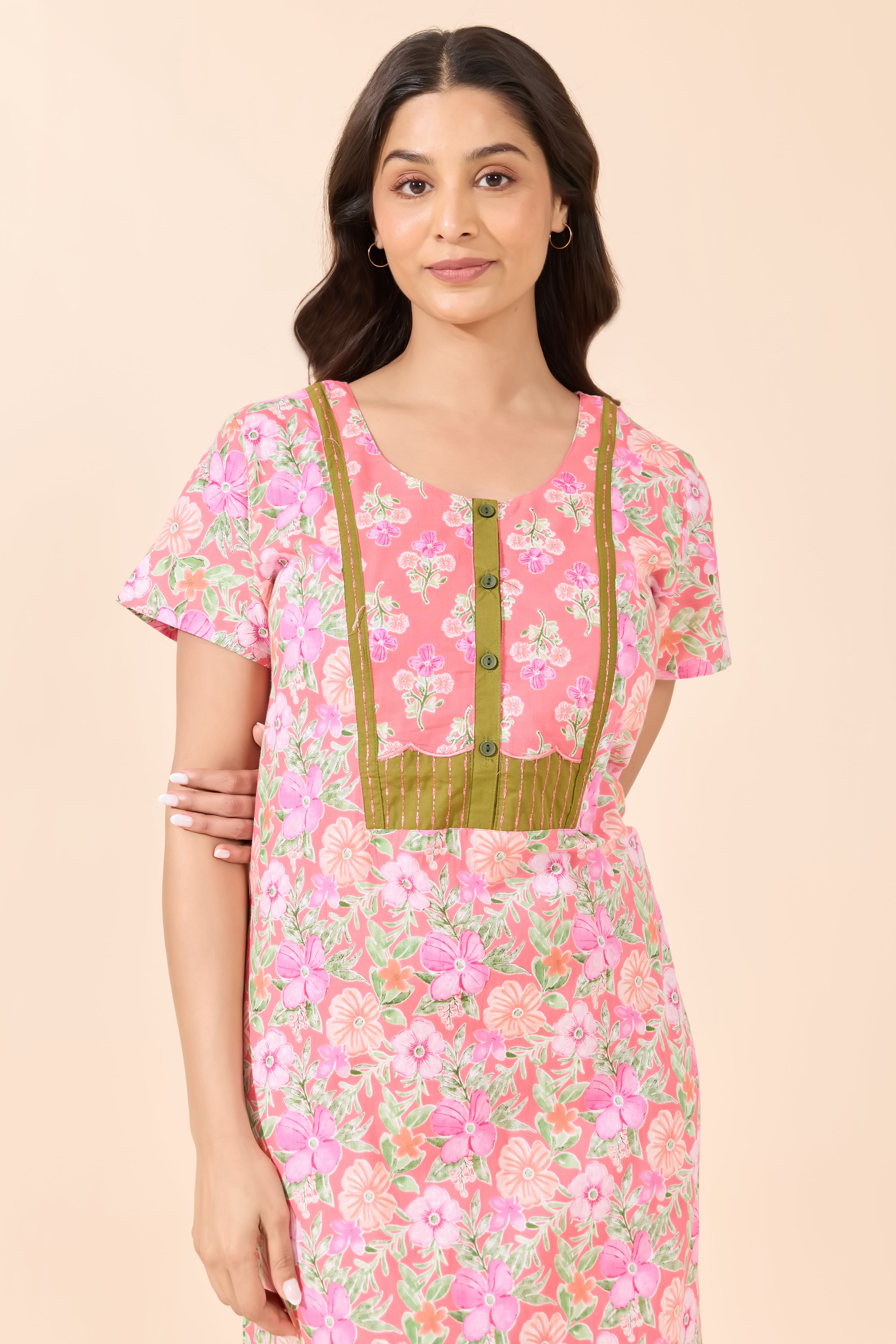 Peach Pastel Floral Cotton Nighty with Patchwork Yoke