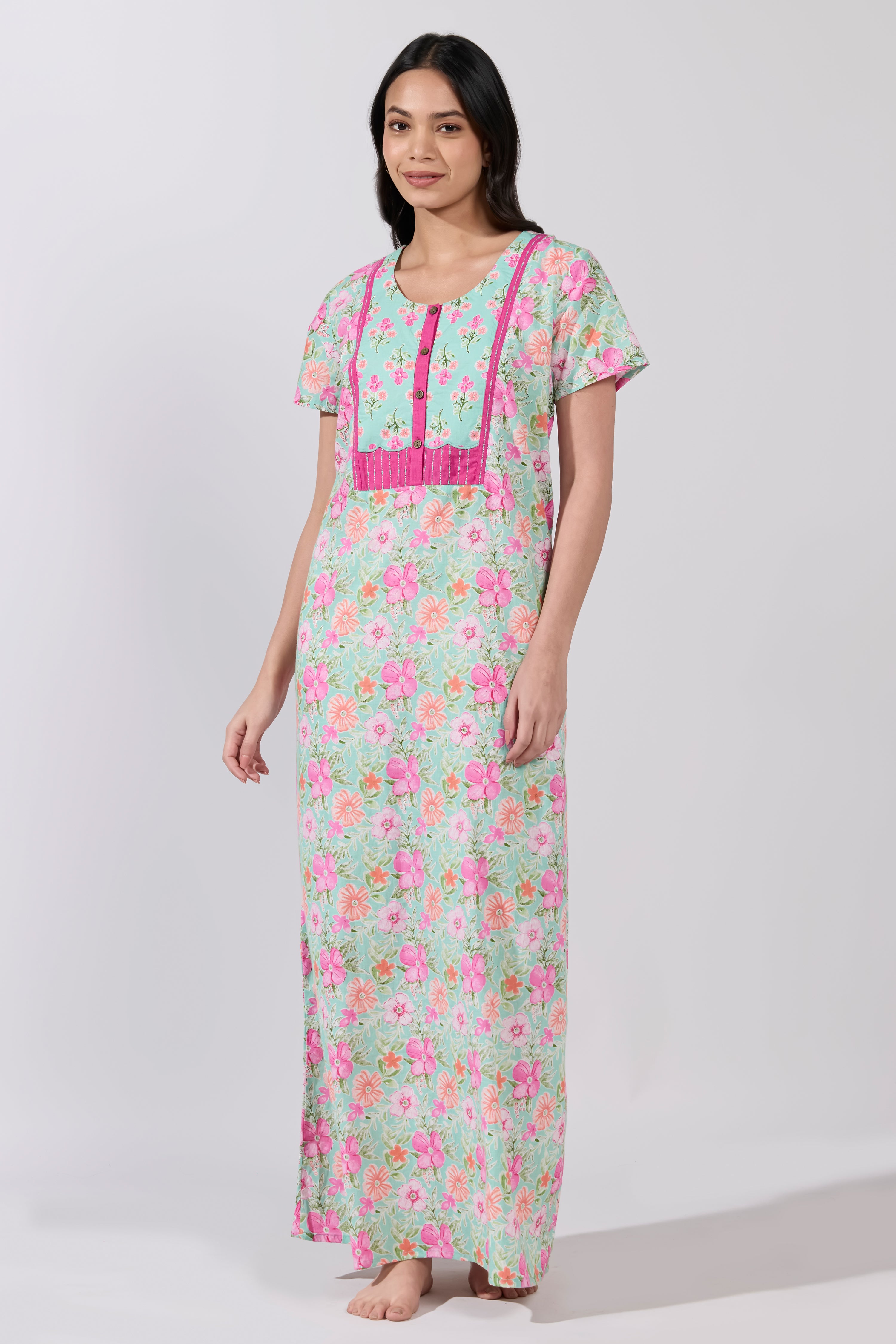 Turquoise Pastel Floral Cotton Nighty with Patchwork Yoke