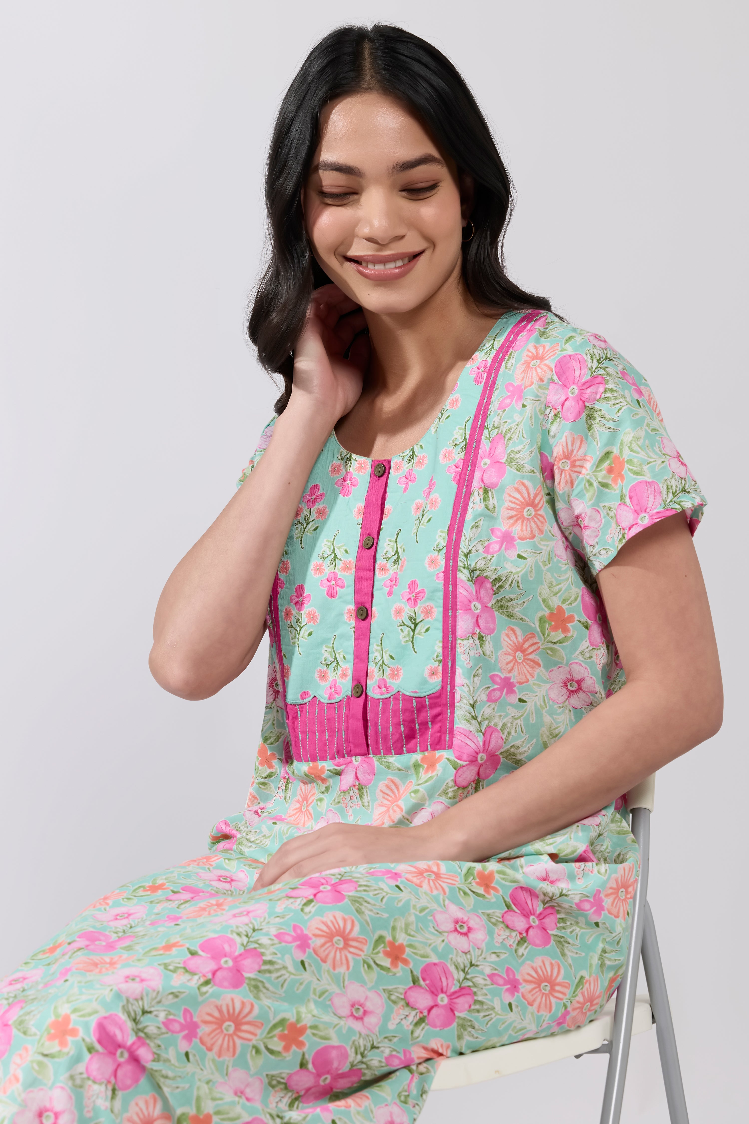 Turquoise Pastel Floral Cotton Nighty with Patchwork Yoke