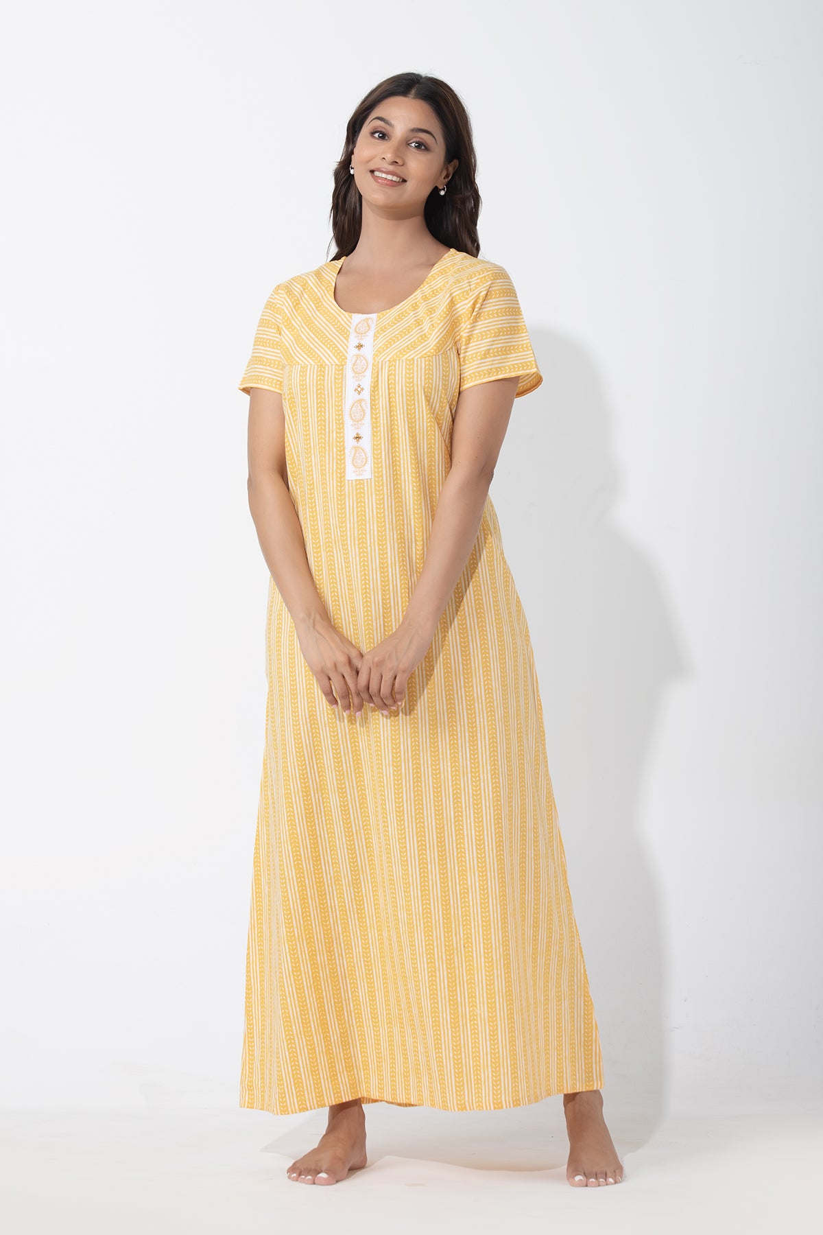Pastel Yellow Cotton Printed Nighty