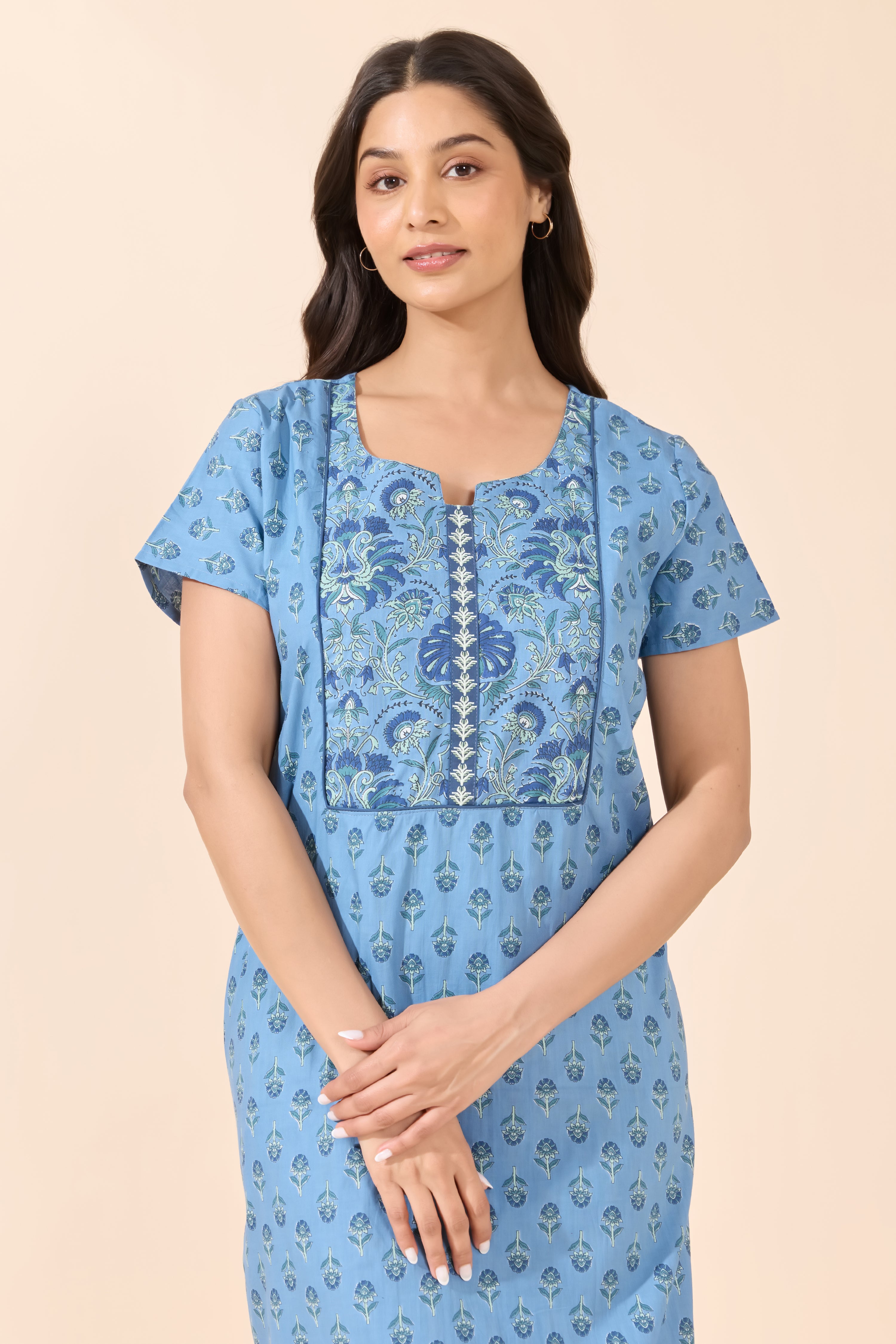 Blue Floral Printed Cotton Nightwear