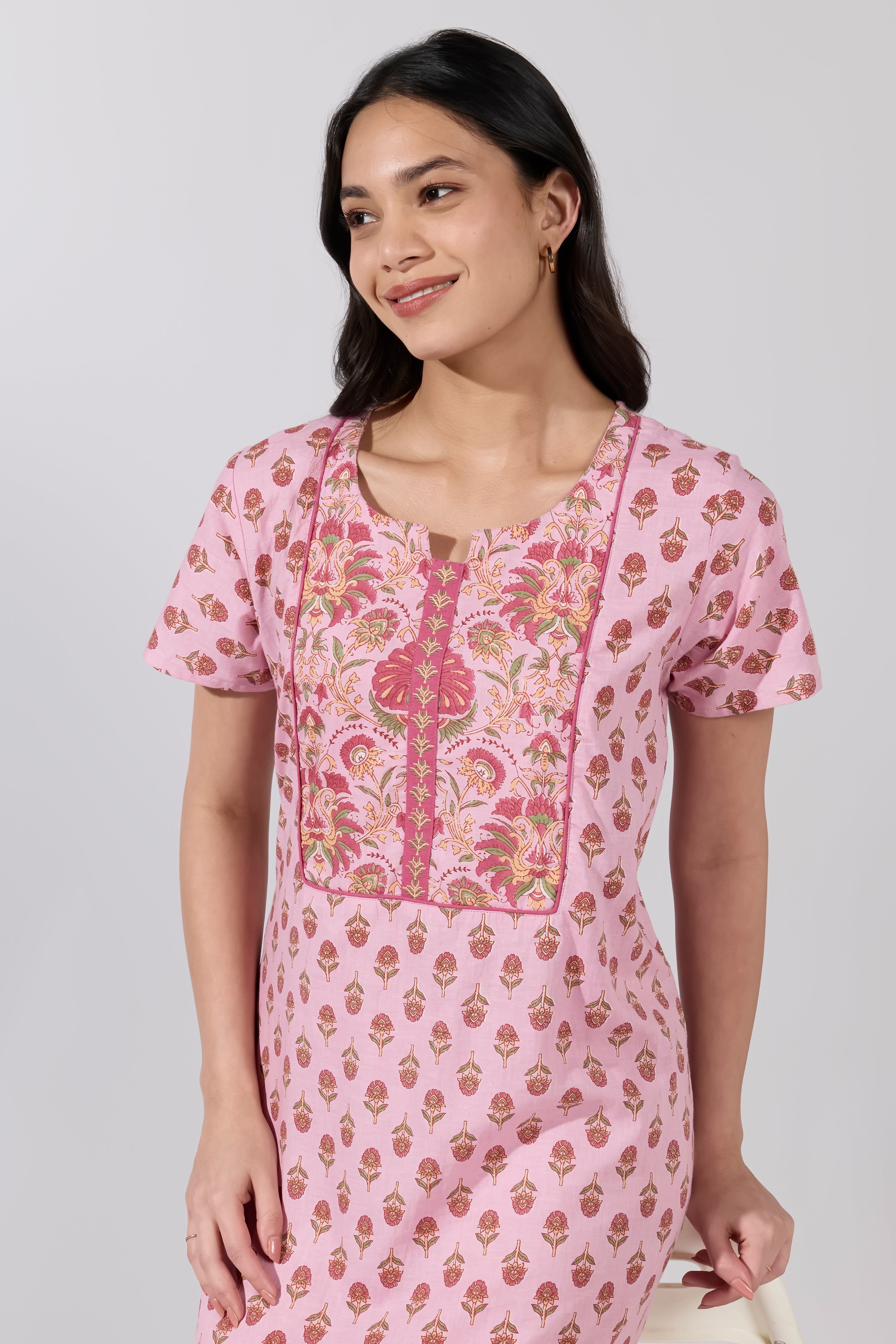 Pink Floral Printed Cotton Nightwear