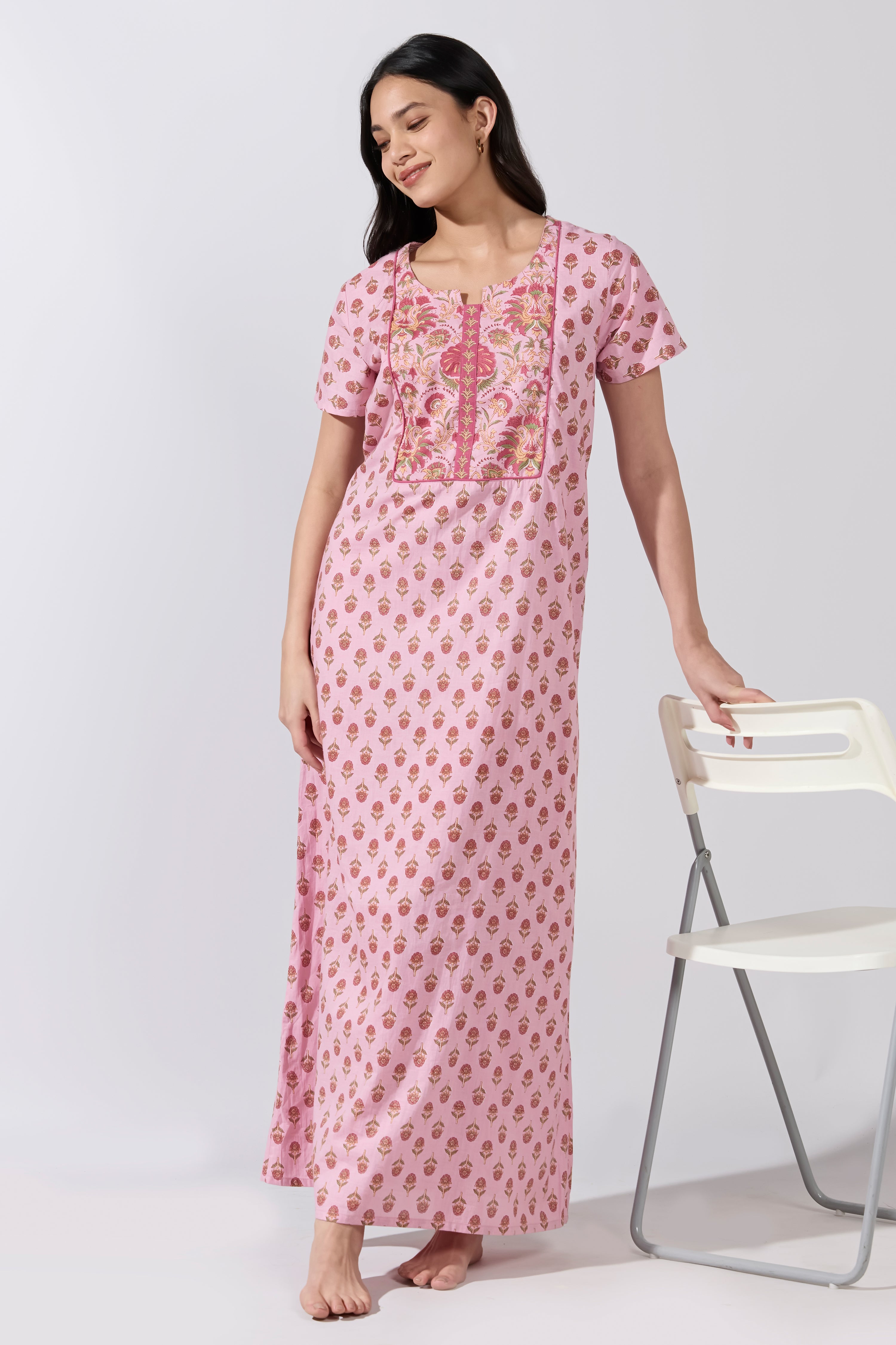 Pink Floral Printed Cotton Nightwear