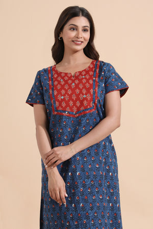 Indigo Printed Blue Cotton Nighty with Paisley Yoke Patchwork