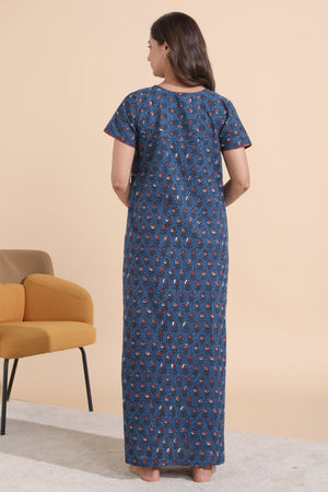 Indigo Printed Blue Cotton Nighty with Paisley Yoke Patchwork