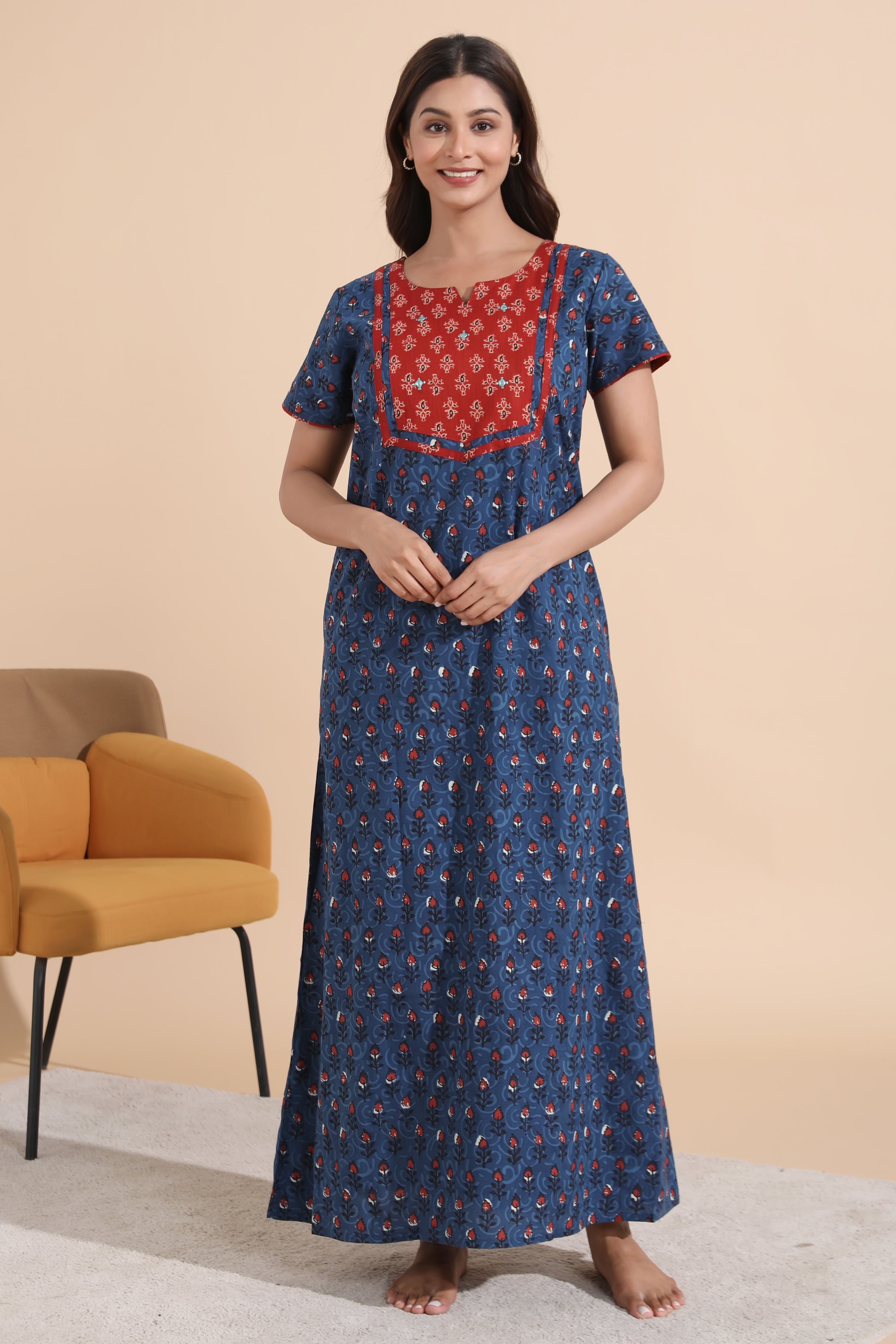 Indigo Printed Blue Cotton Nighty with Paisley Yoke Patchwork