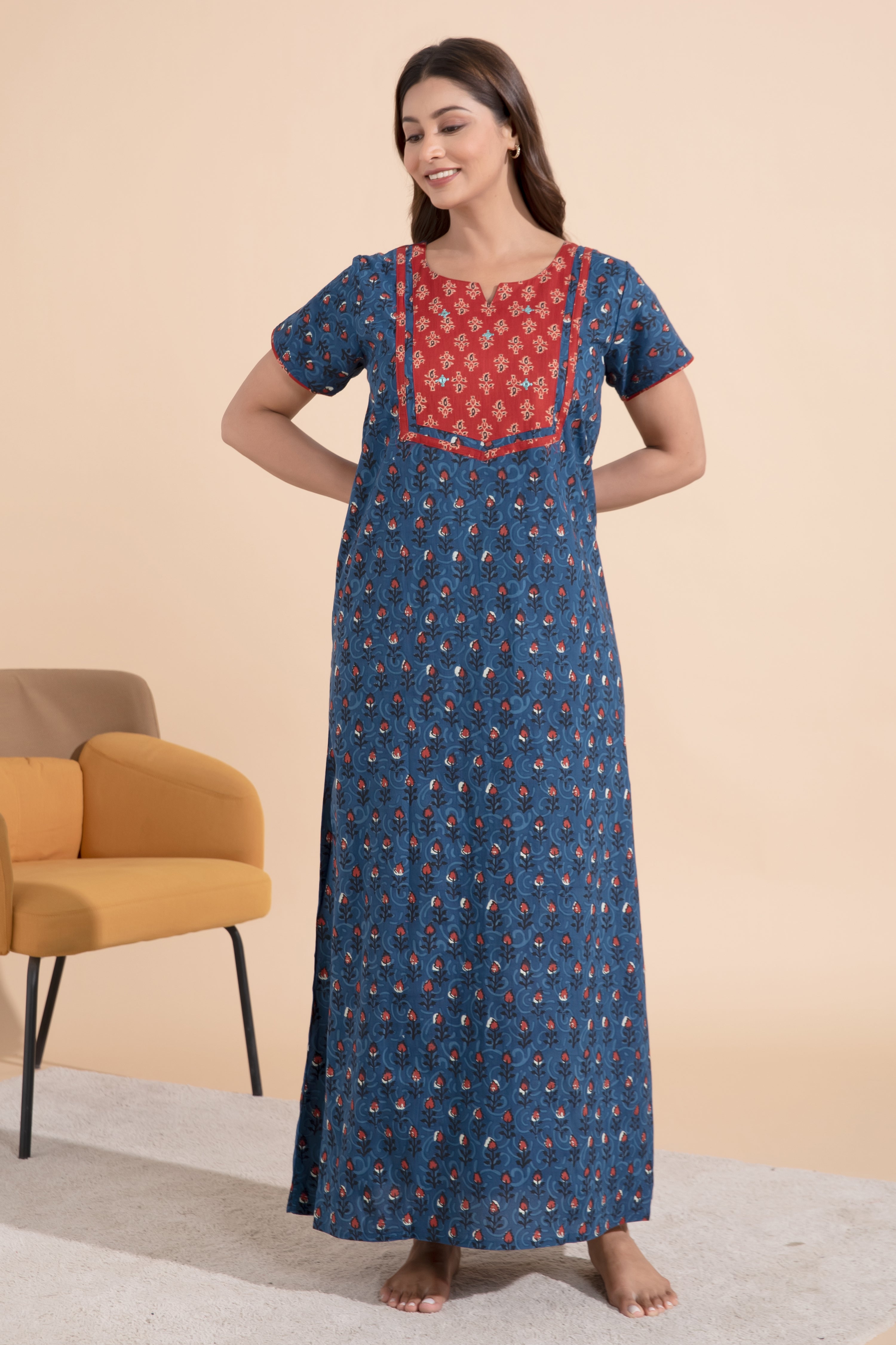 Indigo Printed Blue Cotton Nighty with Paisley Yoke Patchwork