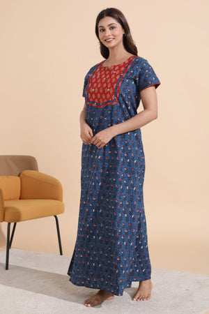 Indigo Printed Blue Cotton Nighty with Paisley Yoke Patchwork