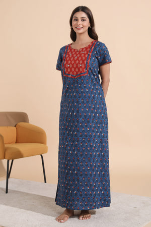 Indigo Printed Blue Cotton Nighty with Paisley Yoke Patchwork
