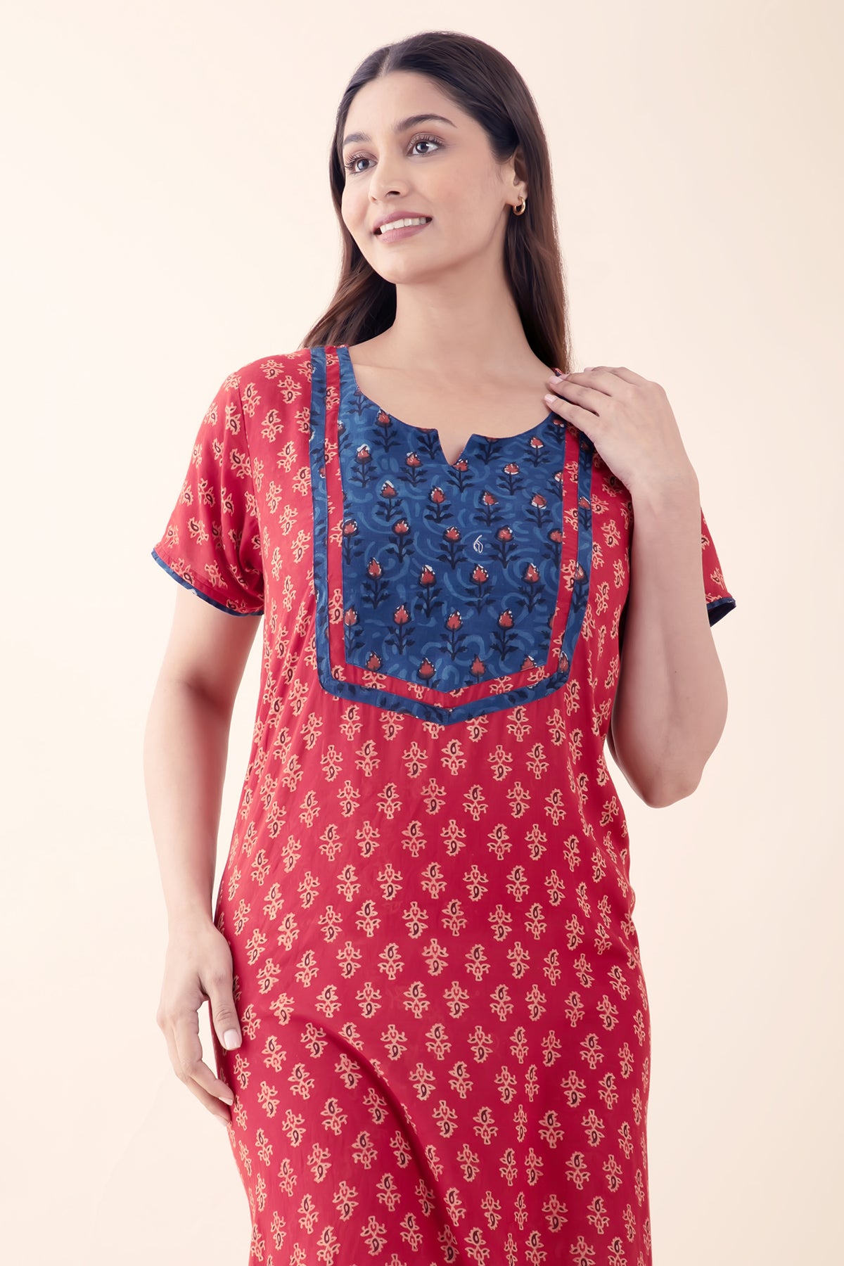 Paisley Printed Maroon Cotton Nighty with Indigo Yoke Patchwork
