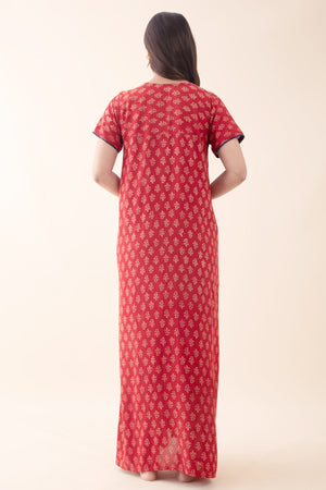 Paisley Printed Maroon Cotton Nighty with Indigo Yoke Patchwork