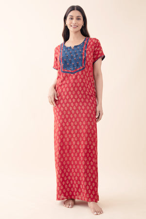 Paisley Printed Maroon Cotton Nighty with Indigo Yoke Patchwork