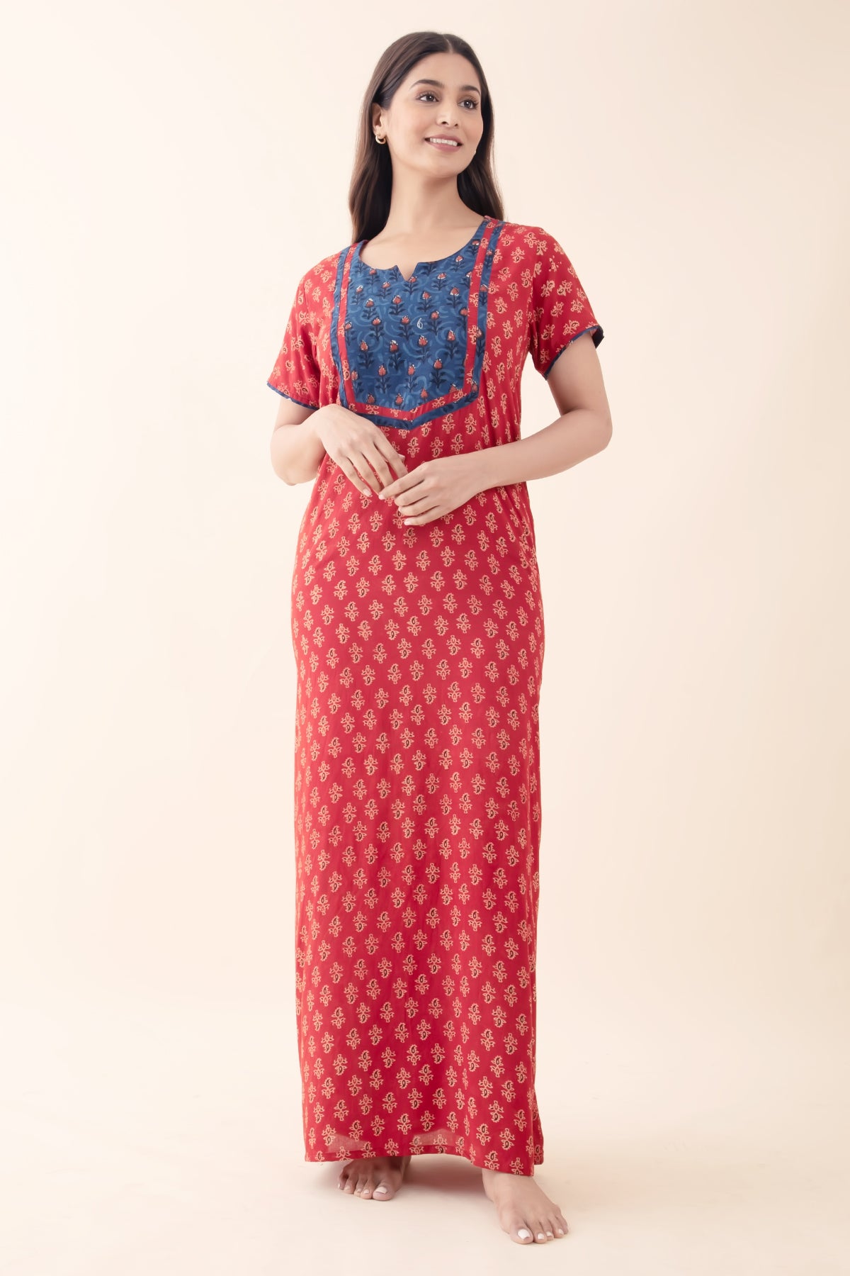 Paisley Printed Maroon Cotton Nighty with Indigo Yoke Patchwork