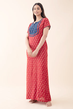 Paisley Printed Maroon Cotton Nighty with Indigo Yoke Patchwork