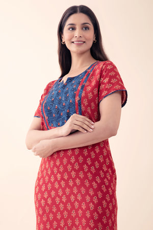 Paisley Printed Maroon Cotton Nighty with Indigo Yoke Patchwork