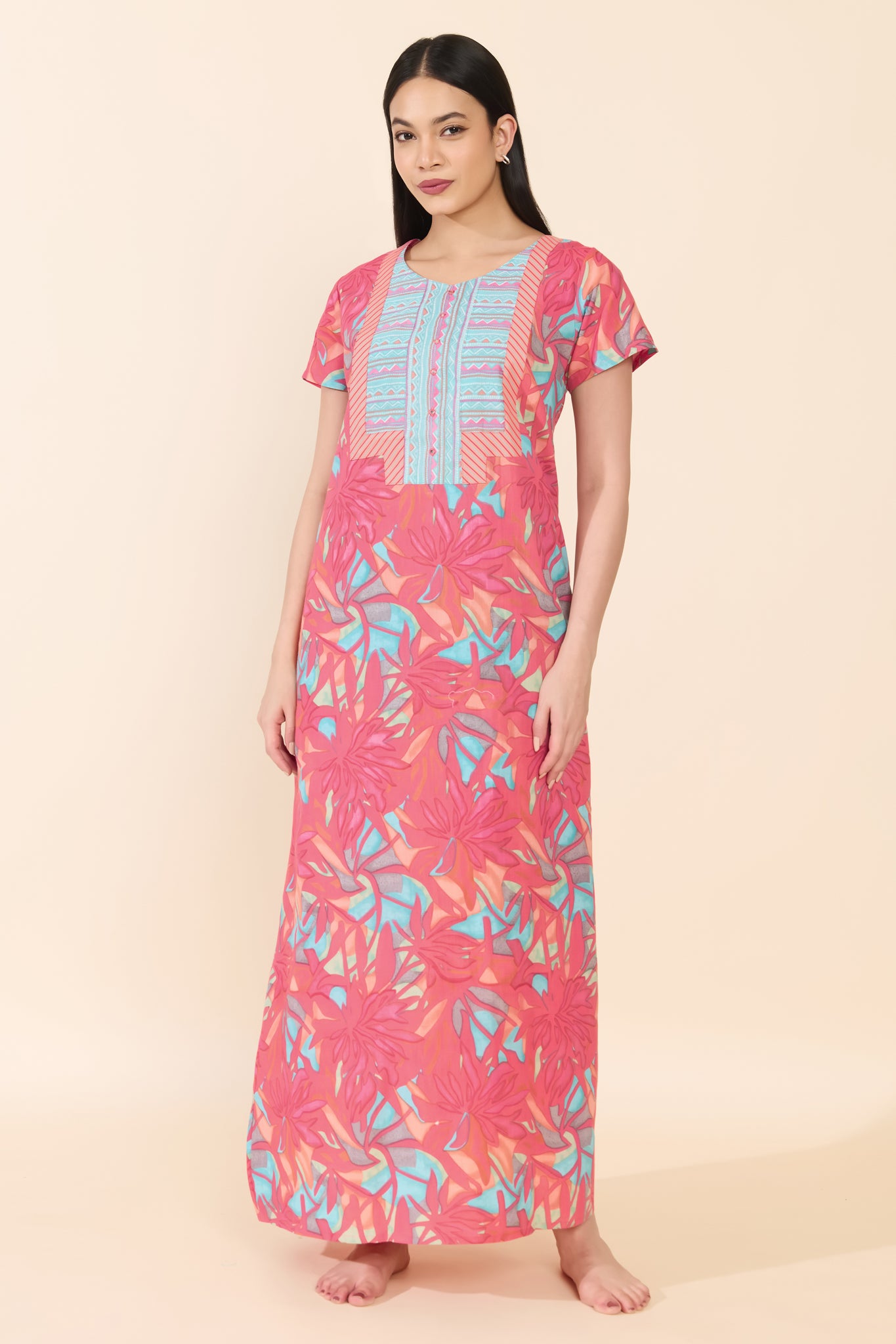 PINK ABSTRACT FLORAL COTTON NIGHTWEAR