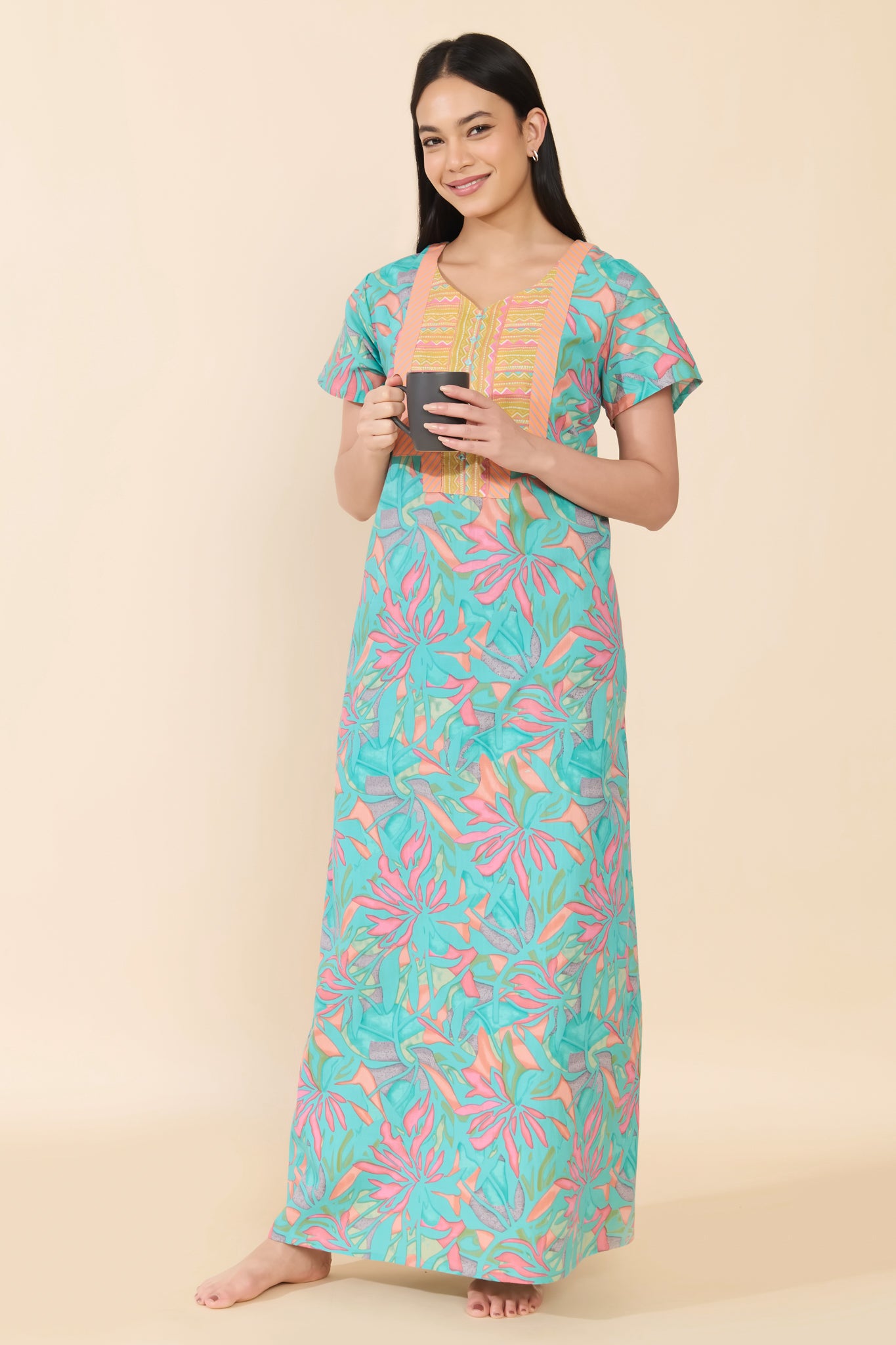 TURQUOISE ABSTRACT FLORAL COTTON NIGHTWEAR