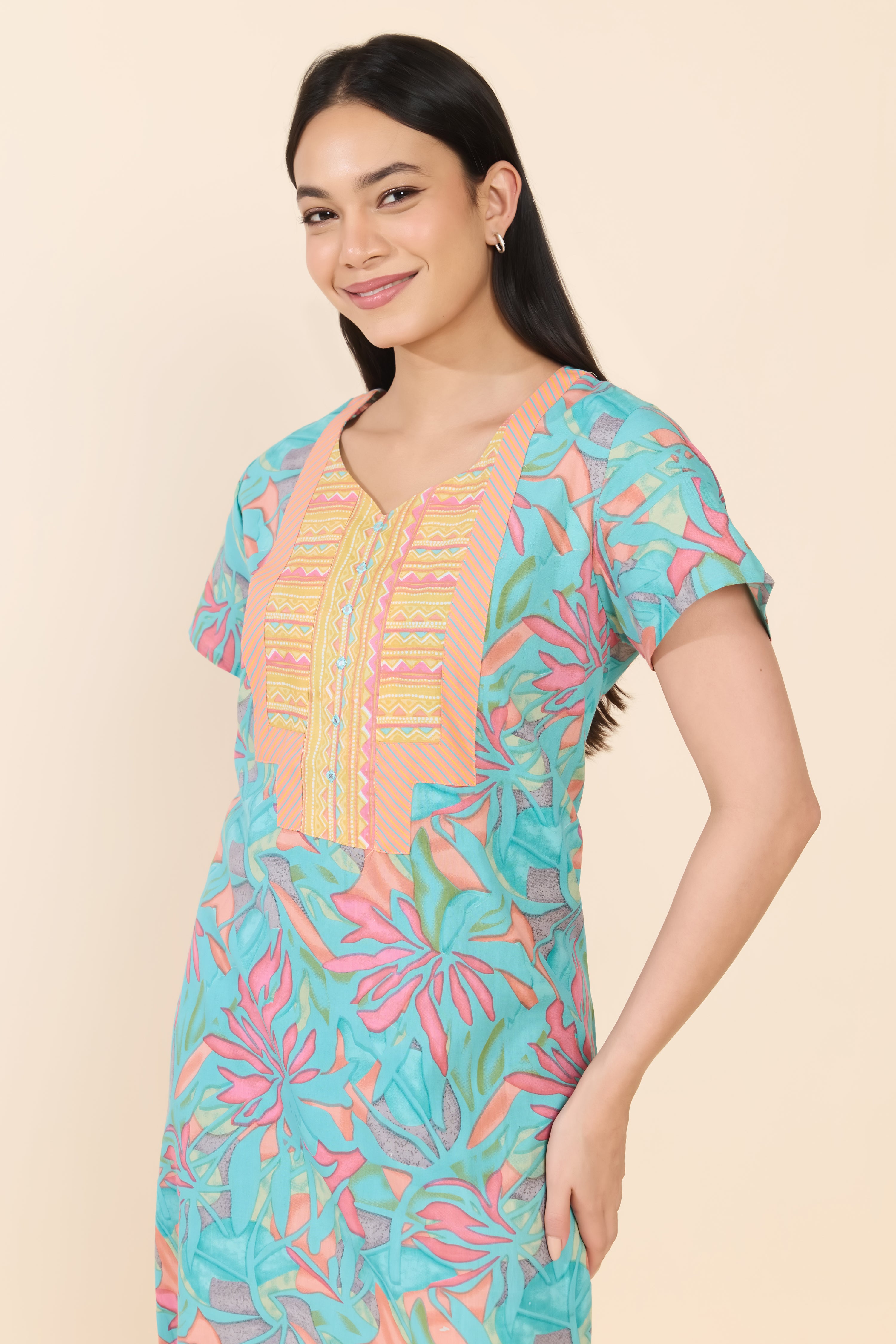TURQUOISE ABSTRACT FLORAL COTTON NIGHTWEAR