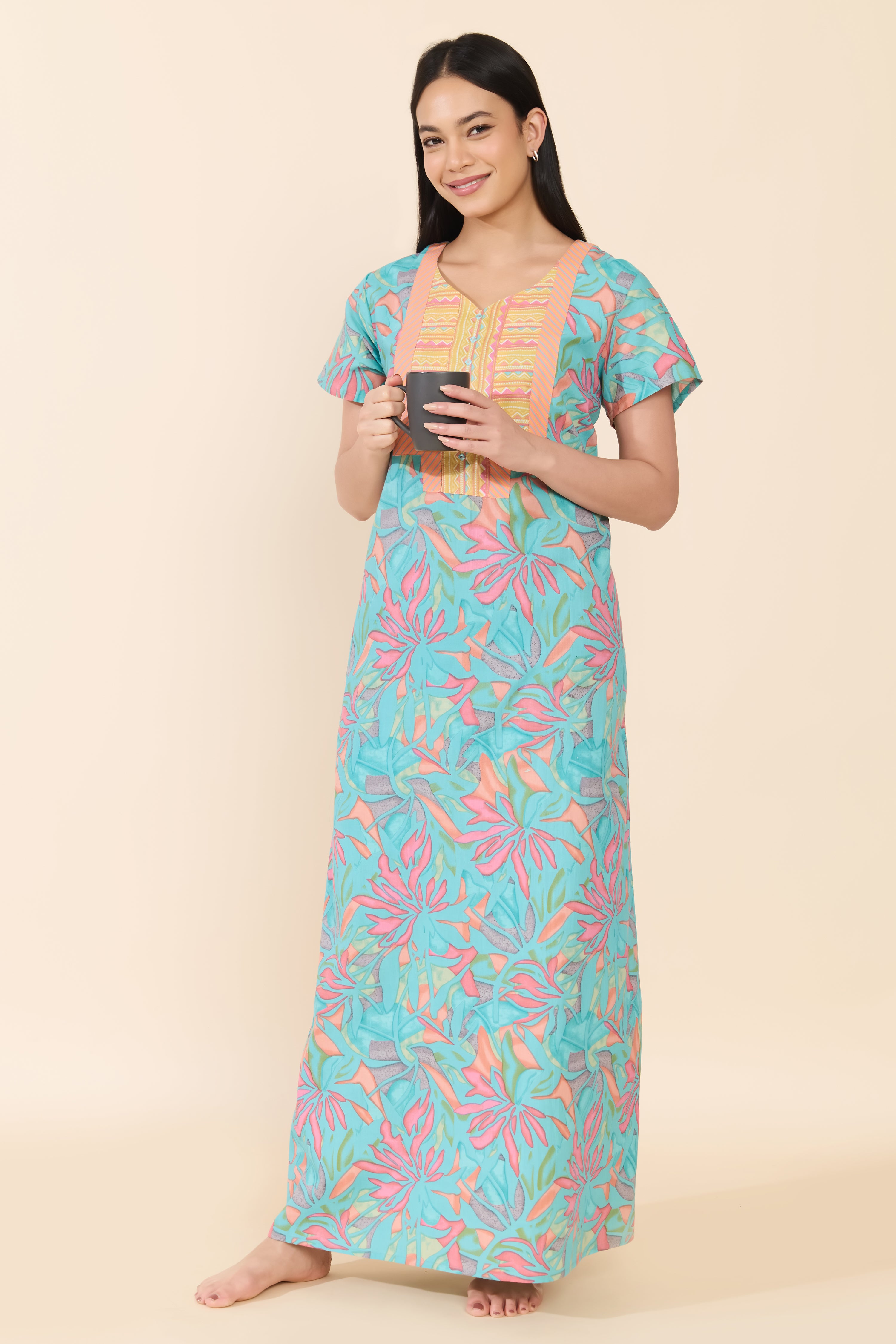 TURQUOISE ABSTRACT FLORAL COTTON NIGHTWEAR