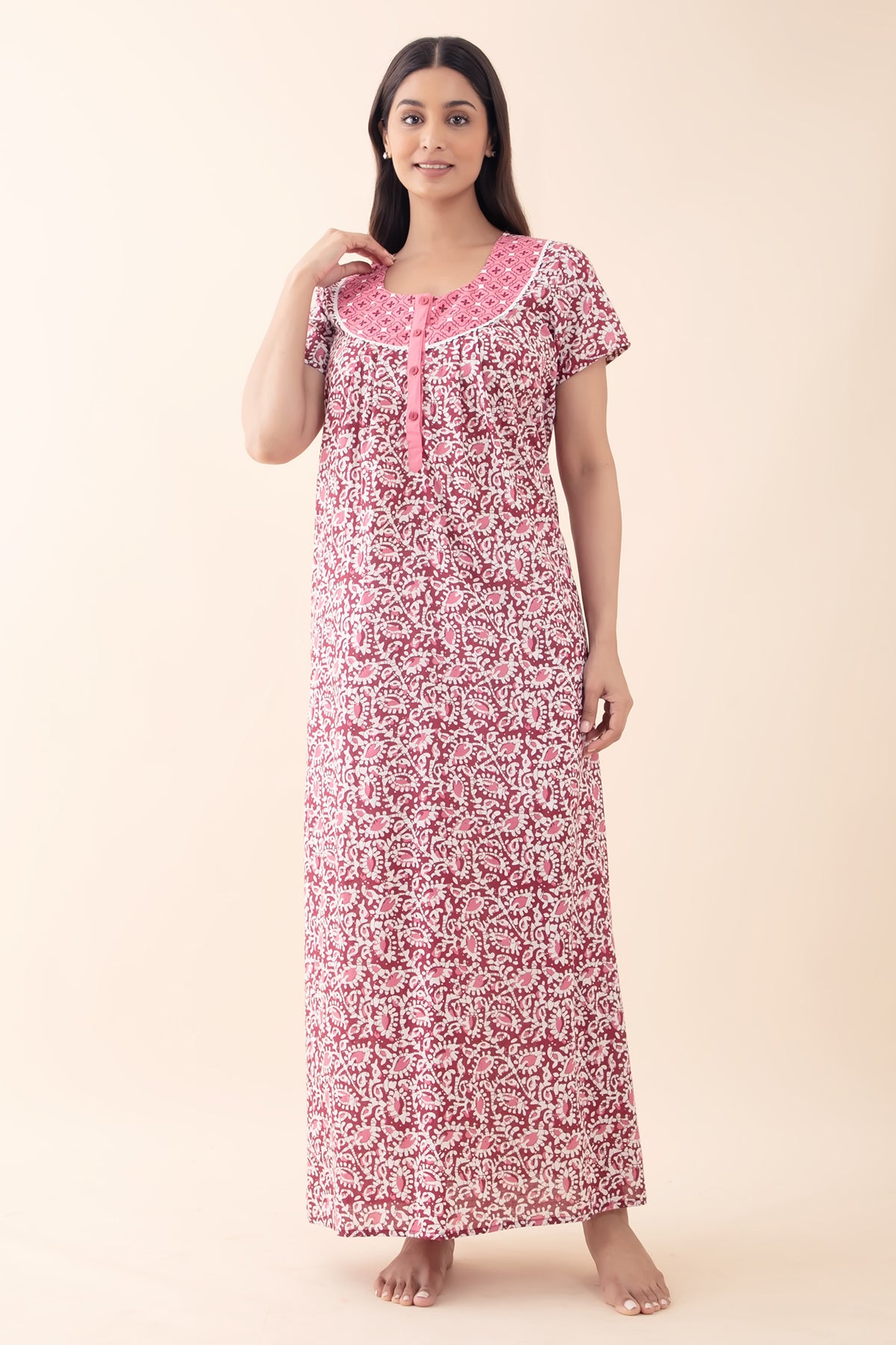 Batik Paisley Printed Maroon Cotton Nighty