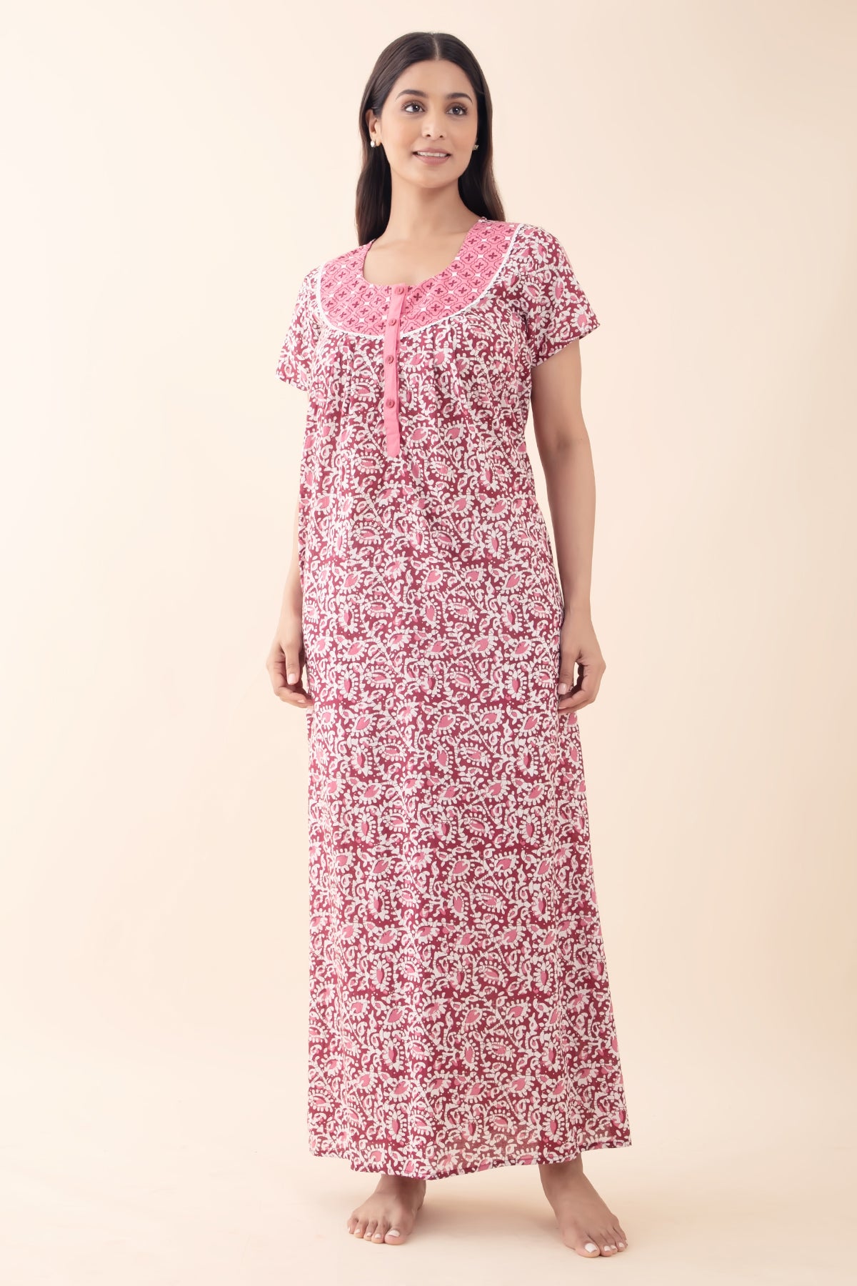 Batik Paisley Printed Maroon Cotton Nighty