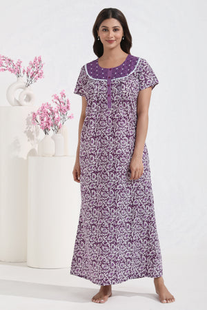 Batik Paisley Printed Purple Cotton Nighty