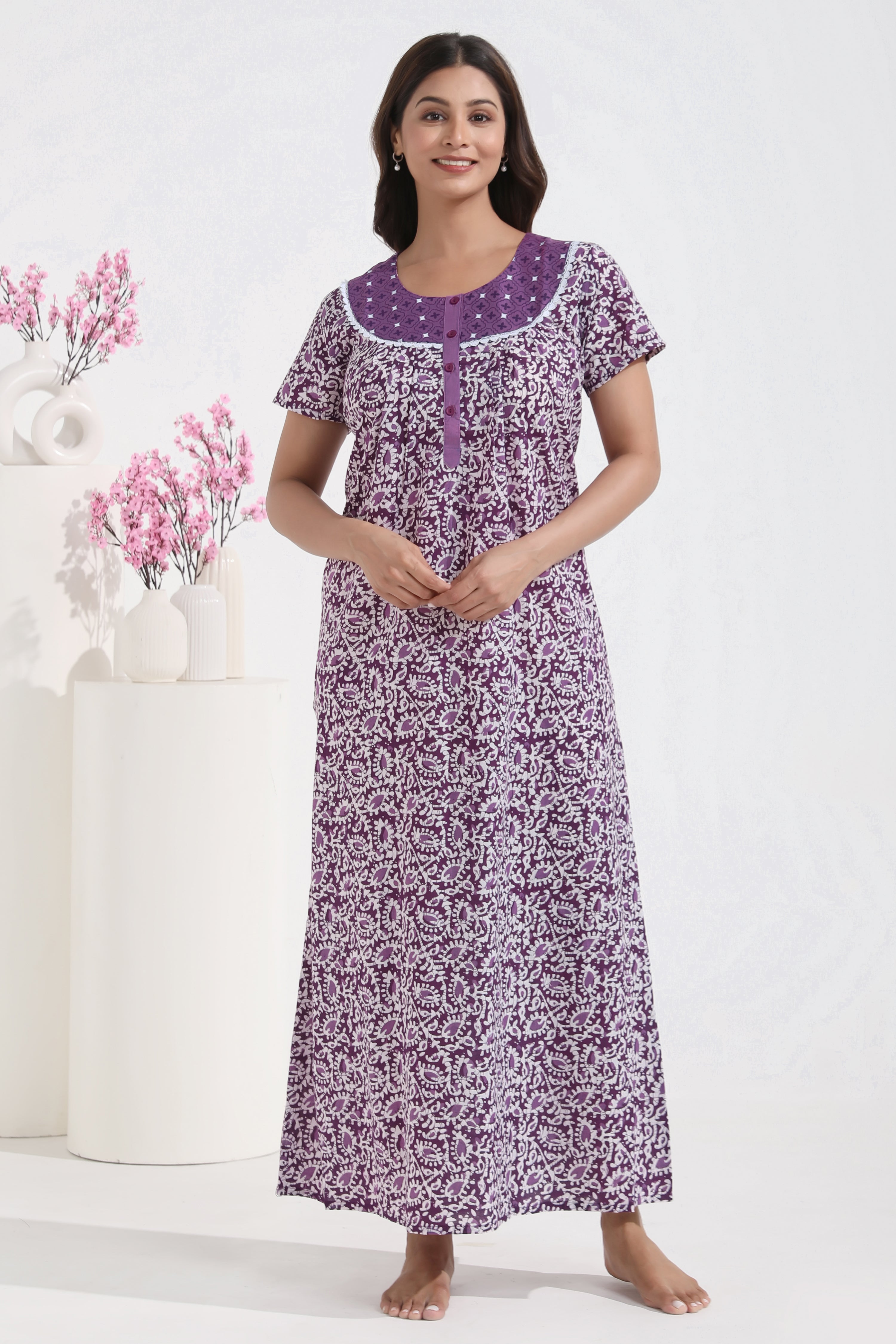 Batik Paisley Printed Purple Cotton Nighty