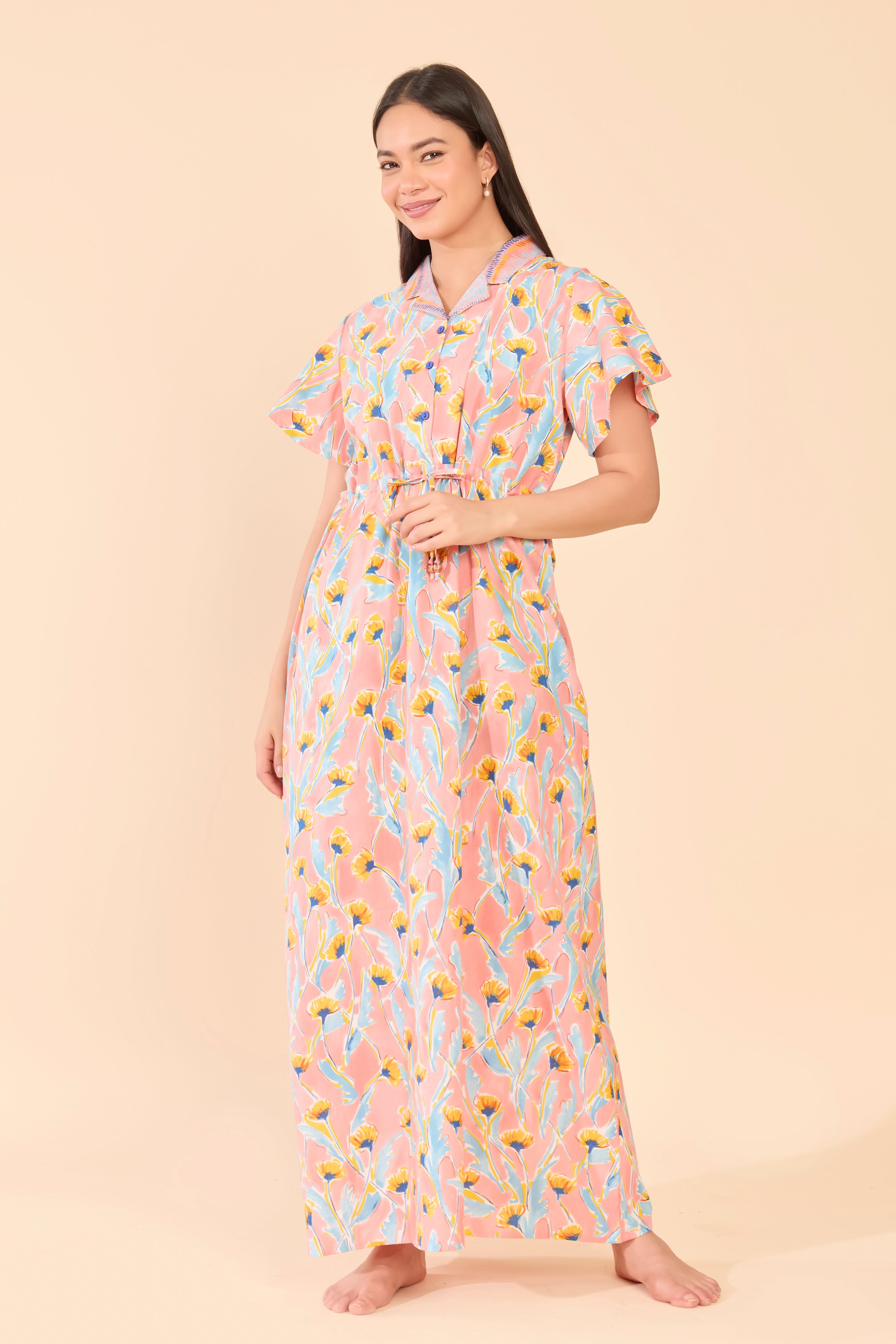 Pink Floral Printed Cotton Nightwear with Front Tie-Up