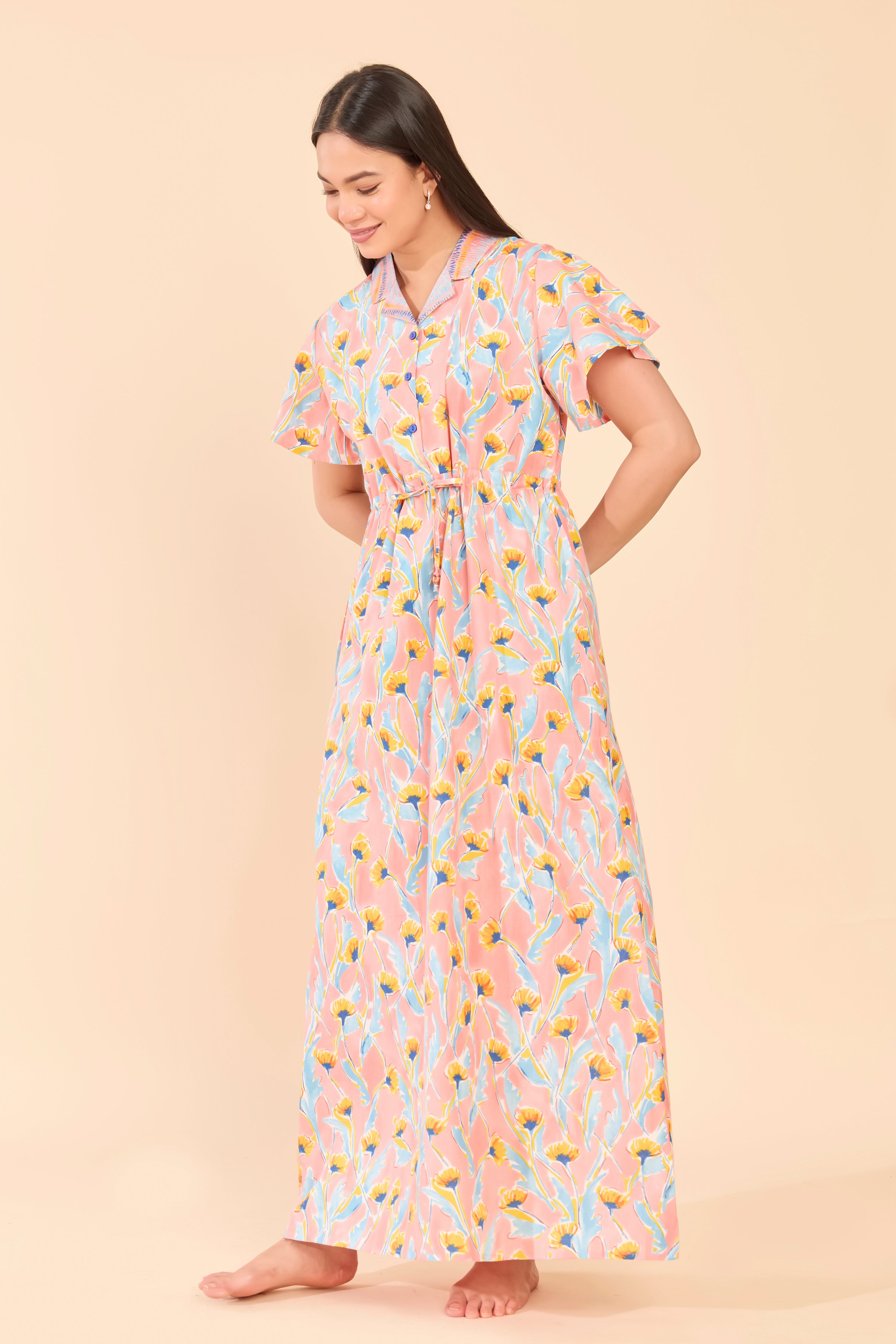 Pink Floral Printed Cotton Nightwear with Front Tie-Up