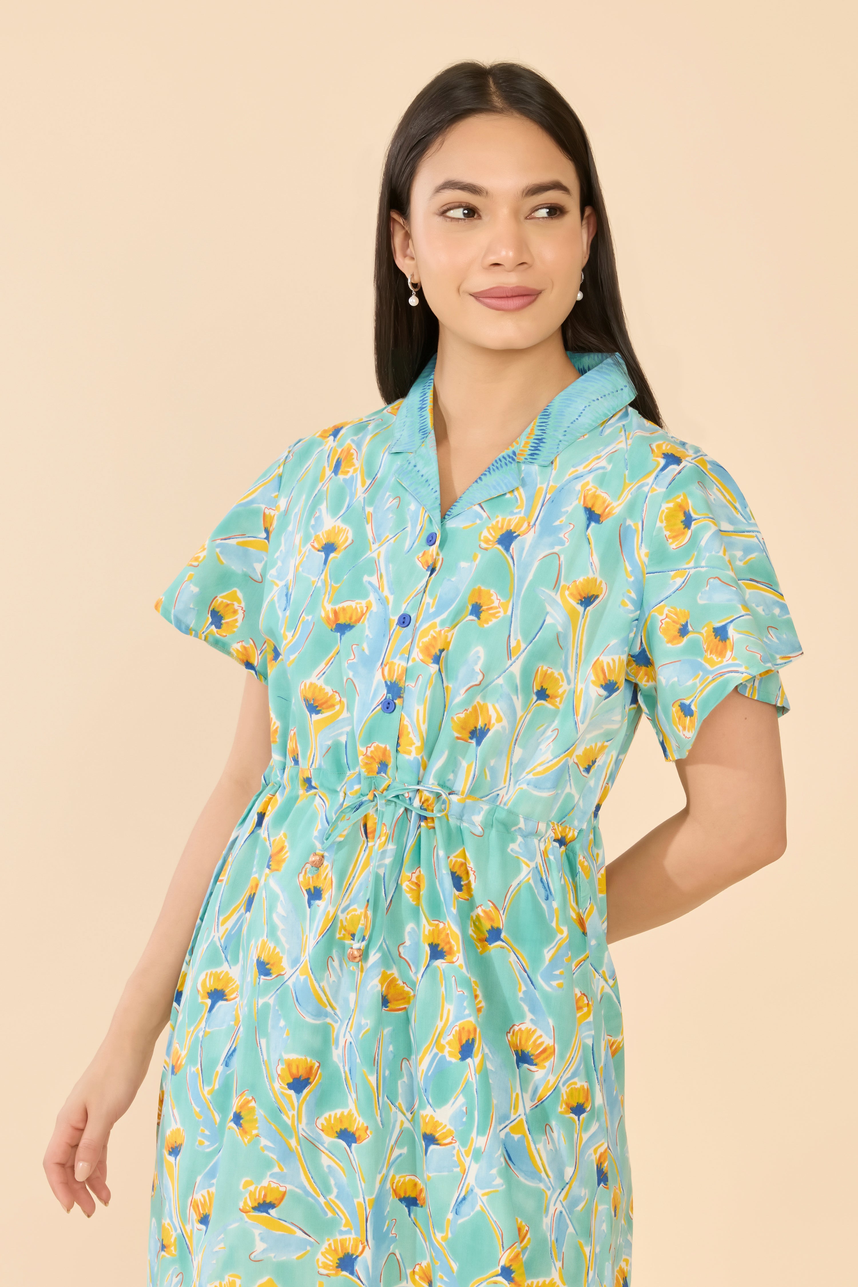 Blue Floral Printed Cotton Nightwear with Front Tie-Up