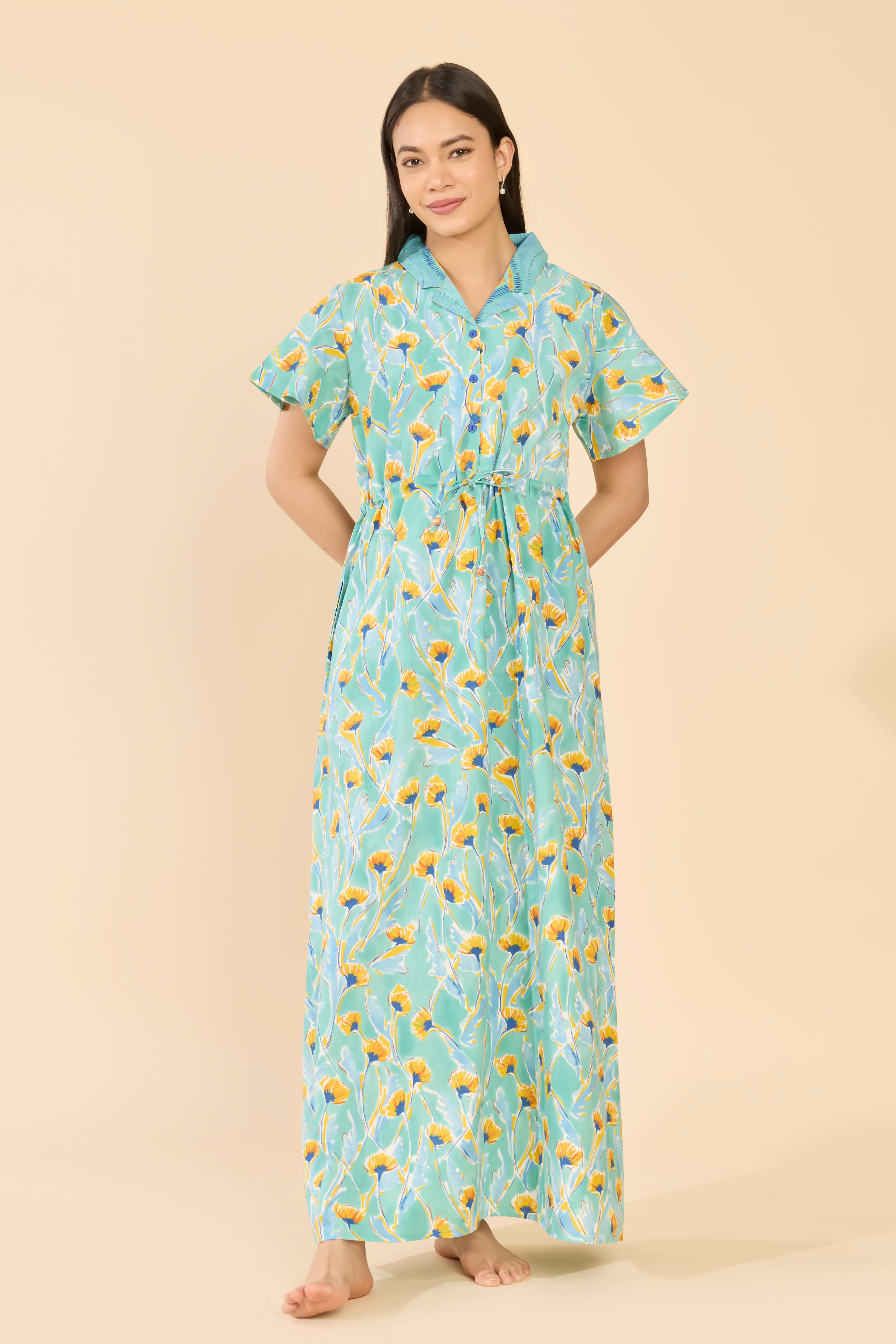 Blue Floral Printed Cotton Nightwear with Front Tie-Up