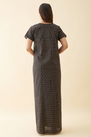 Ajrakh Printed Yoke Patchwork Nighty - Black