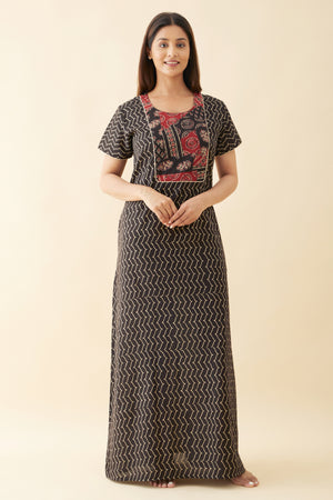 Ajrakh Printed Yoke Patchwork Nighty - Black