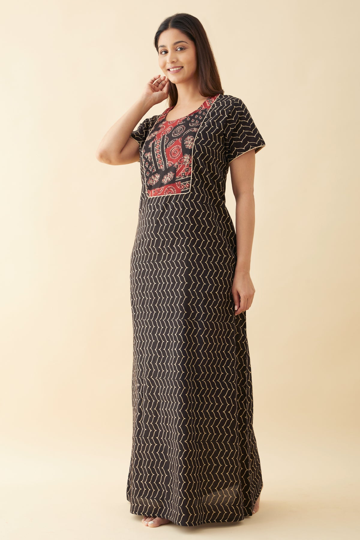 Ajrakh Printed Yoke Patchwork Nighty - Black