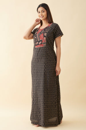 Ajrakh Printed Yoke Patchwork Nighty - Black