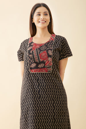 Ajrakh Printed Yoke Patchwork Nighty - Black