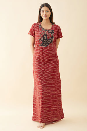 Ajrakh Printed Yoke Patchwork Nighty Red