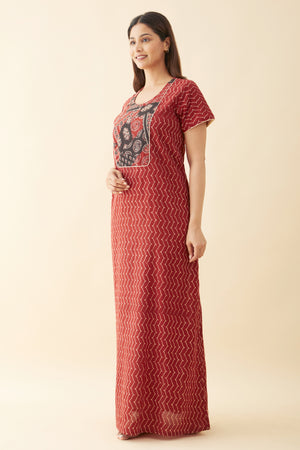 Ajrakh Printed Yoke Patchwork Nighty Red