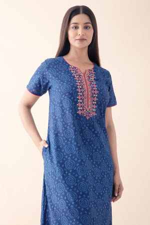 Bandhej Printed Embroidered Blue Nighty