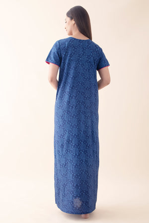 Bandhej Printed Embroidered Blue Nighty
