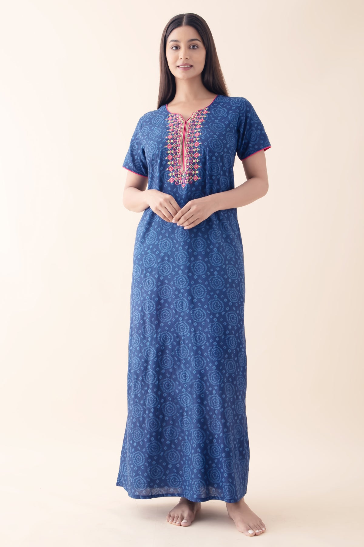 Bandhej Printed Embroidered Blue Nighty