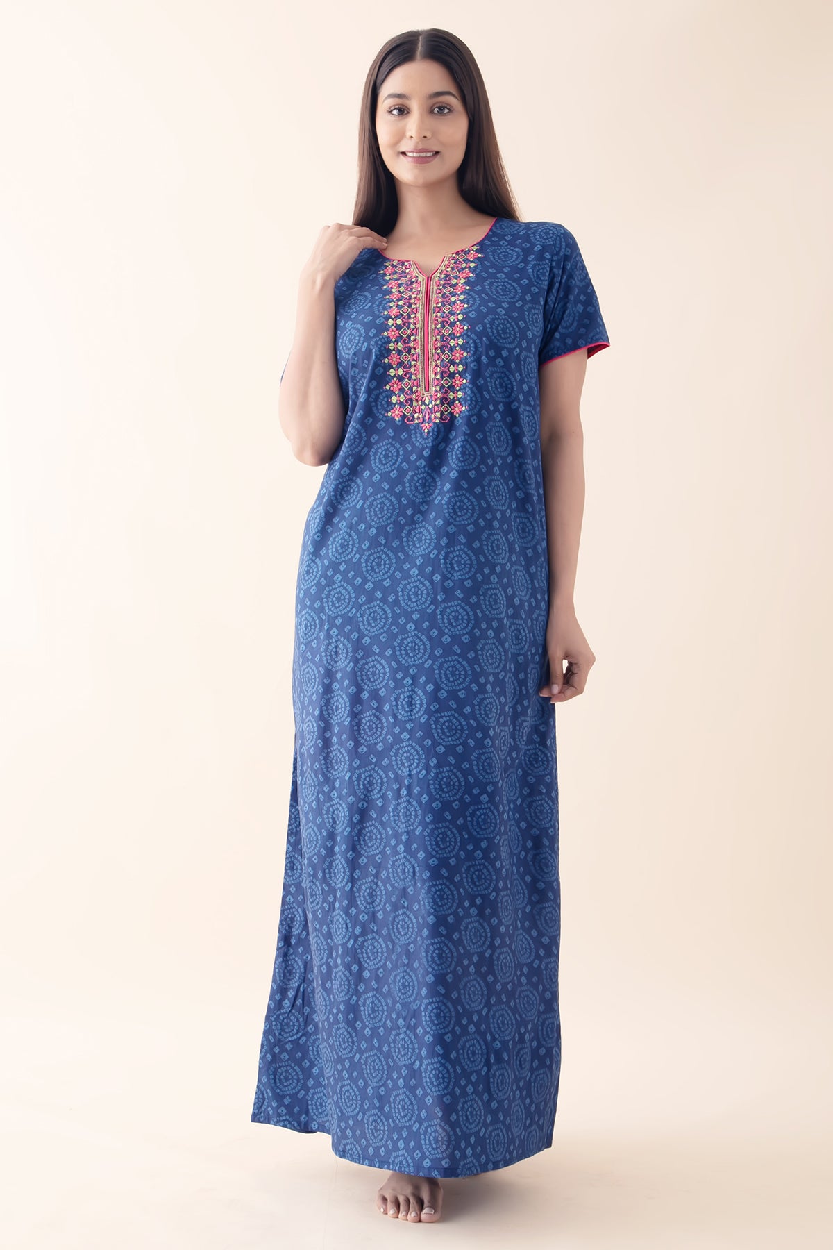Bandhej Printed Embroidered Blue Nighty