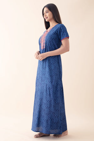 Bandhej Printed Embroidered Blue Nighty