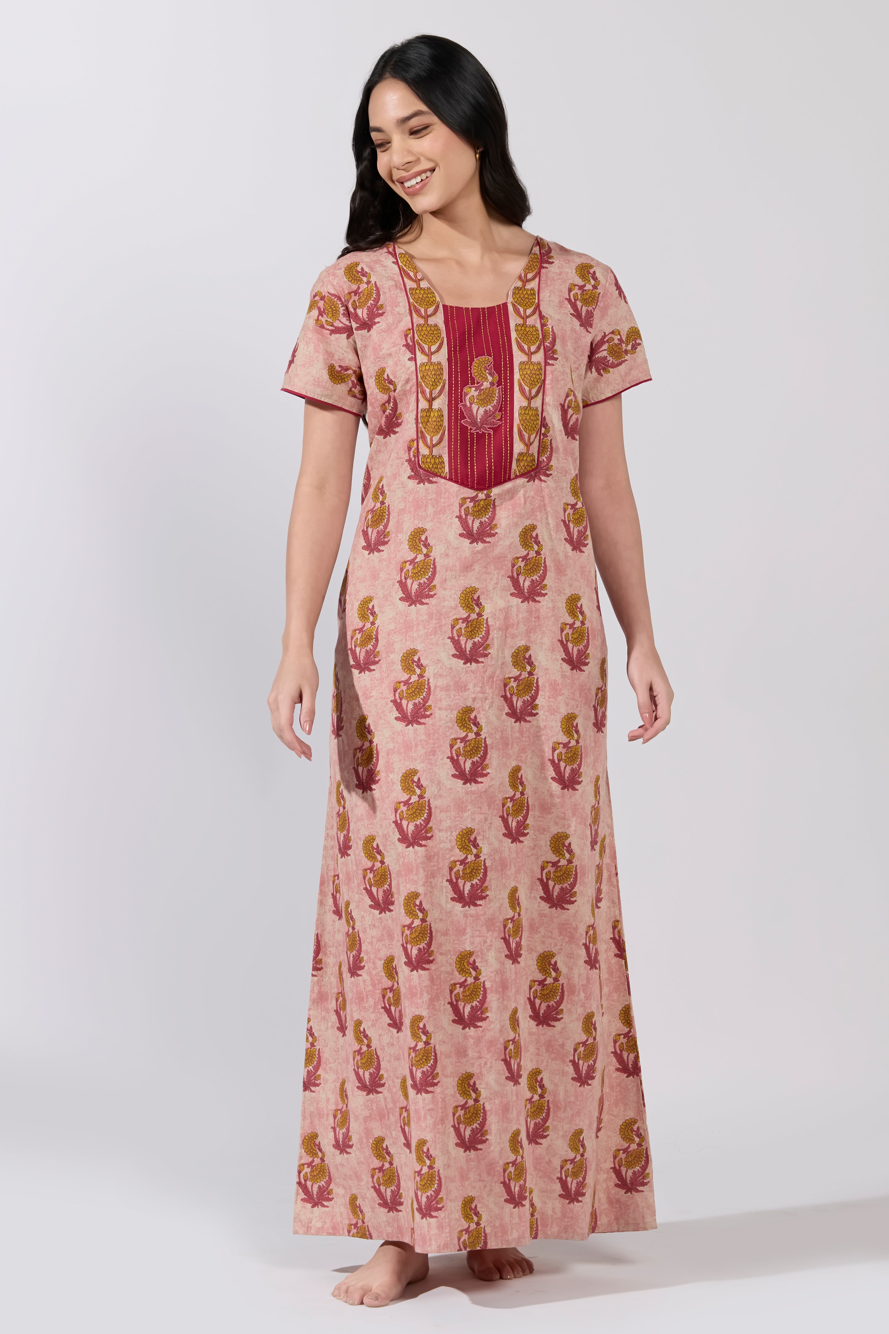 Purple Floral Applique Yoke Printed Cotton Nightwear