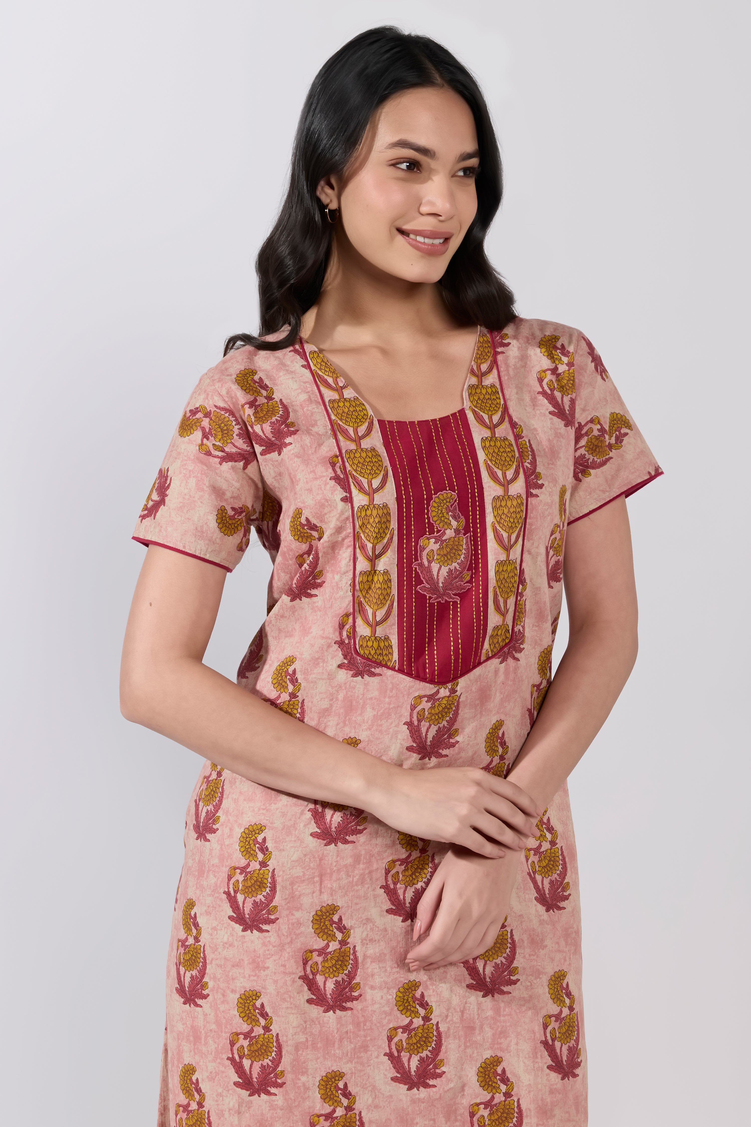 Purple Floral Applique Yoke Printed Cotton Nightwear