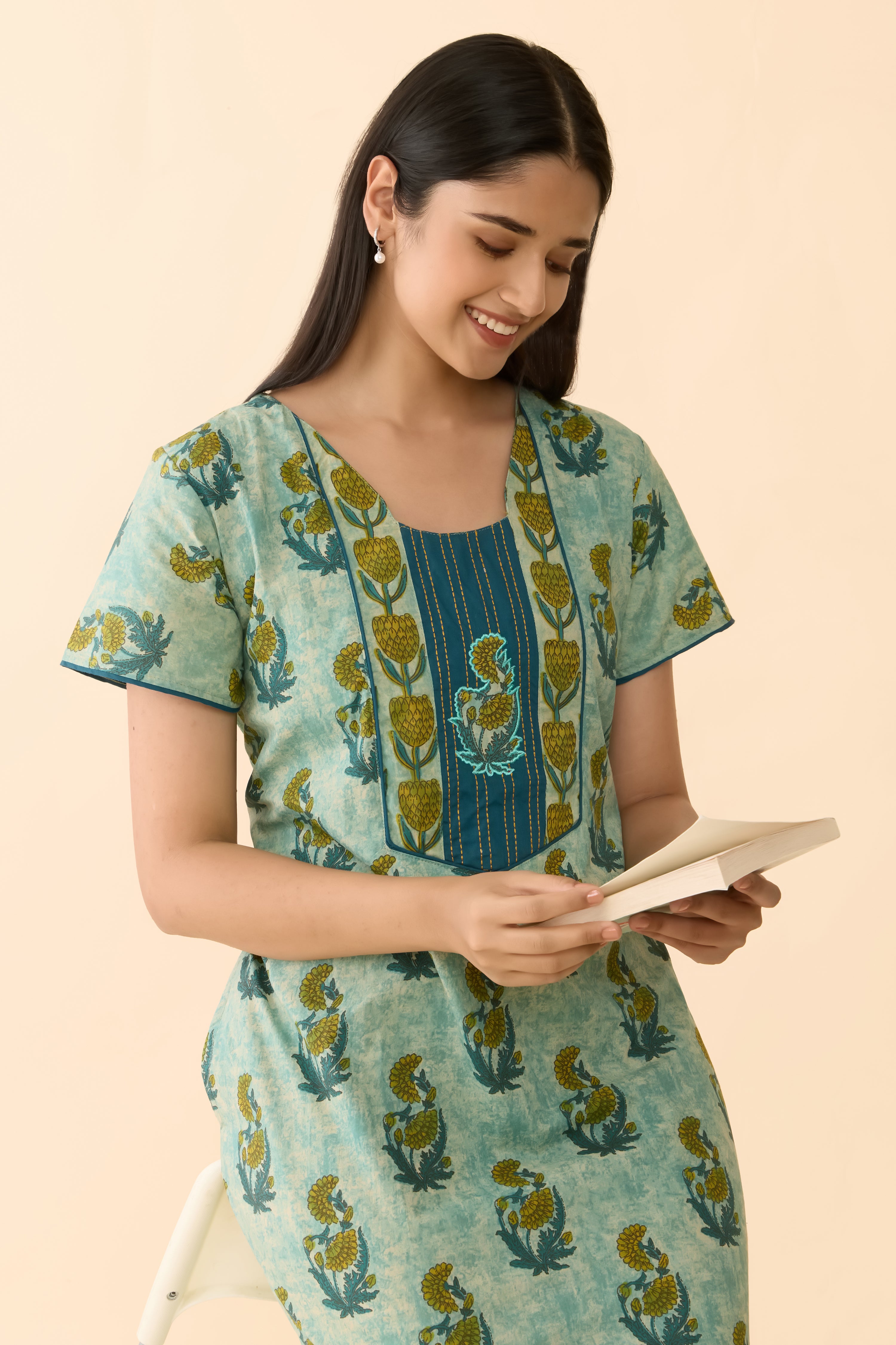 Turquoise Floral Printed Cotton Nightwear